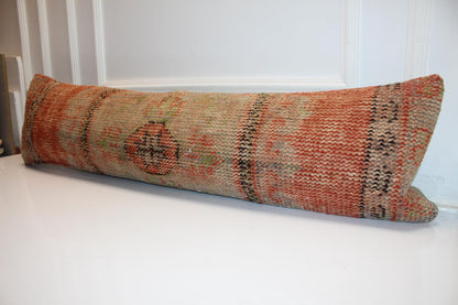 Vintage Turkish Kilim Lumbar Pillow Cover, Orange Earth Tone, Boho Cushion 12x48