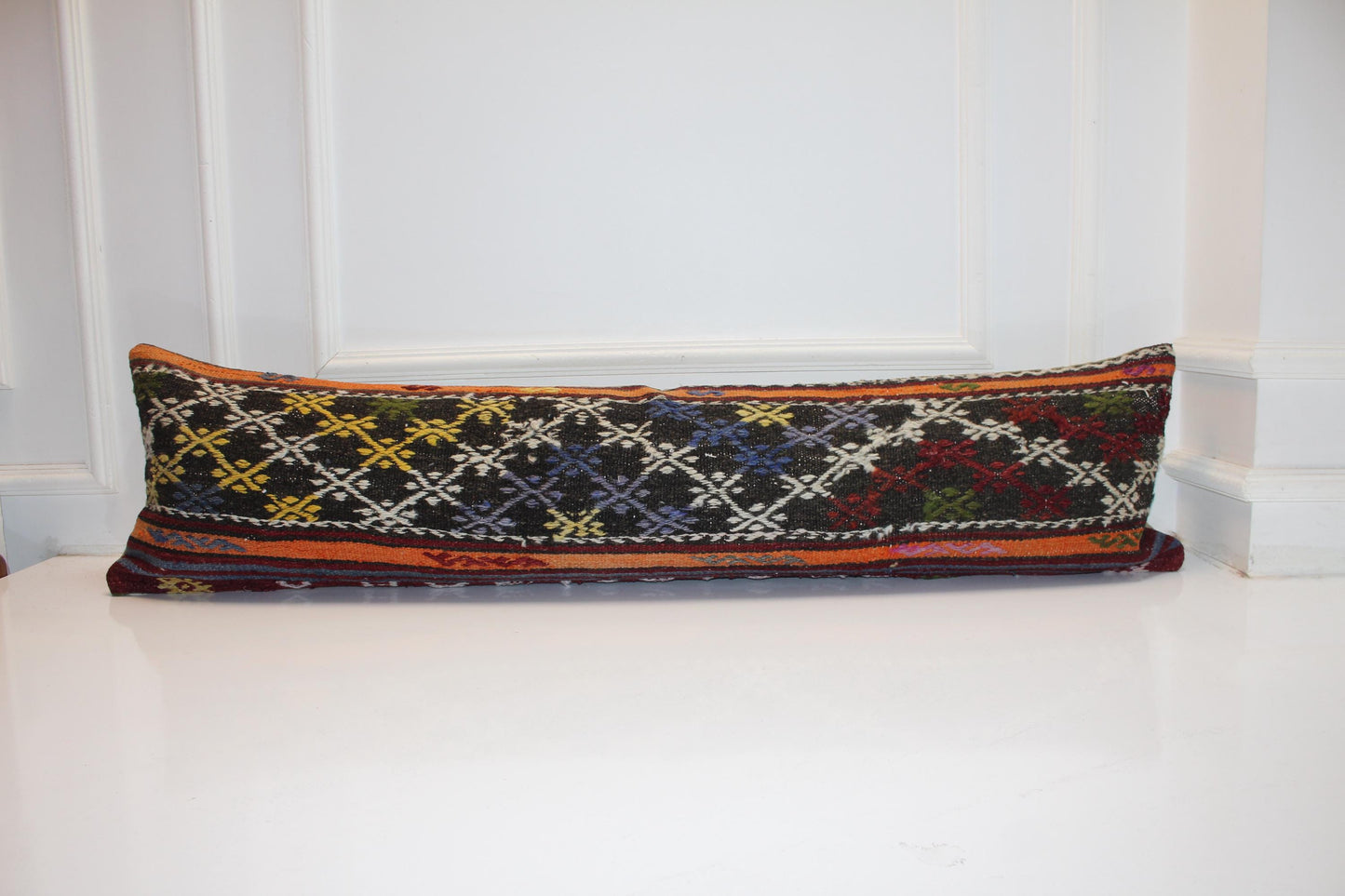 Handmade Kilim Lumbar Pillow Cover, Ethnic Diamond Bench Cushion, 12x48
