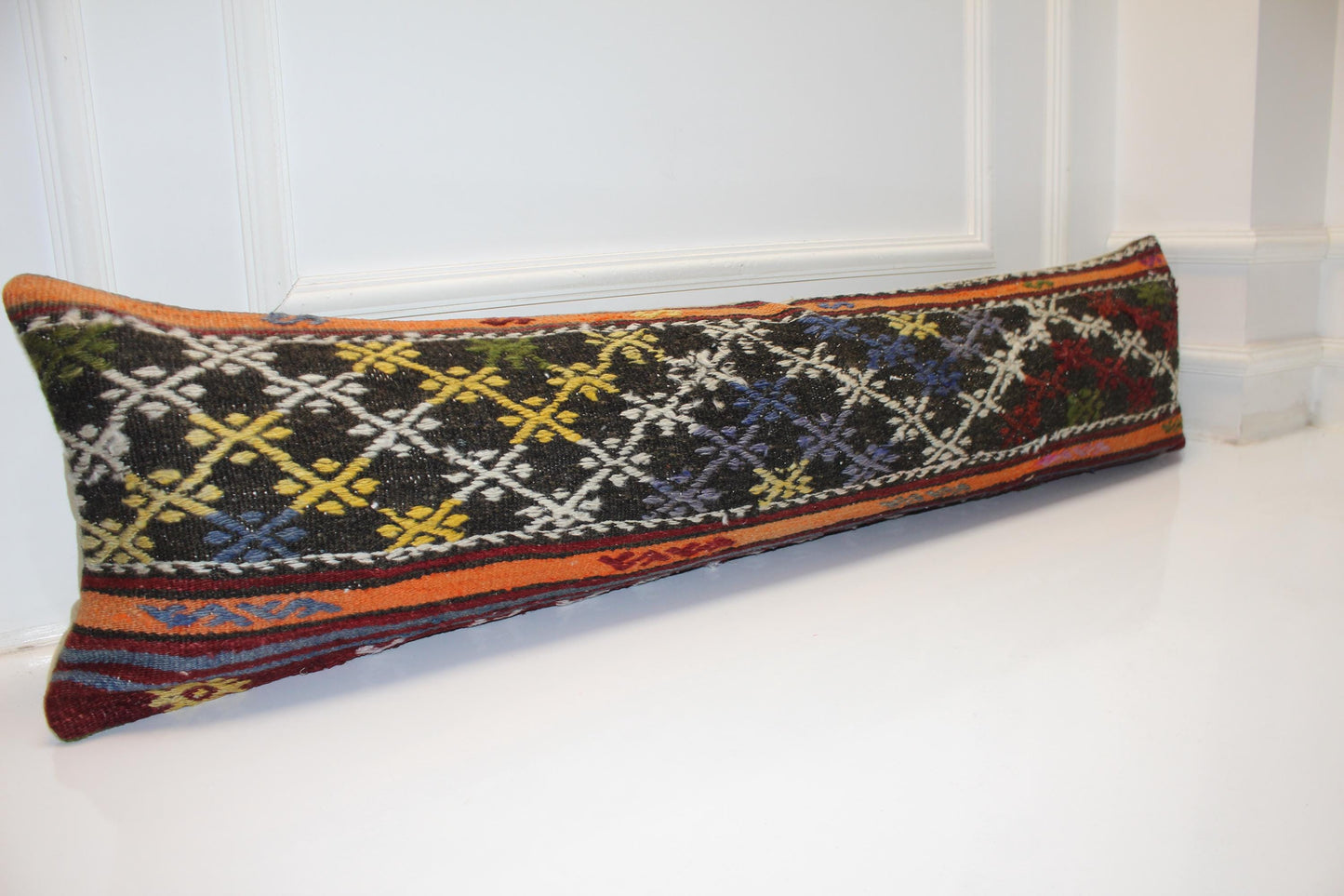 Handmade Kilim Lumbar Pillow Cover, Ethnic Diamond Bench Cushion, 12x48