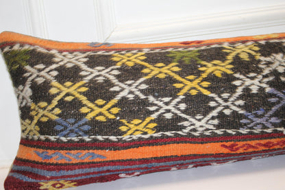 Handmade Kilim Lumbar Pillow Cover, Ethnic Diamond Bench Cushion, 12x48