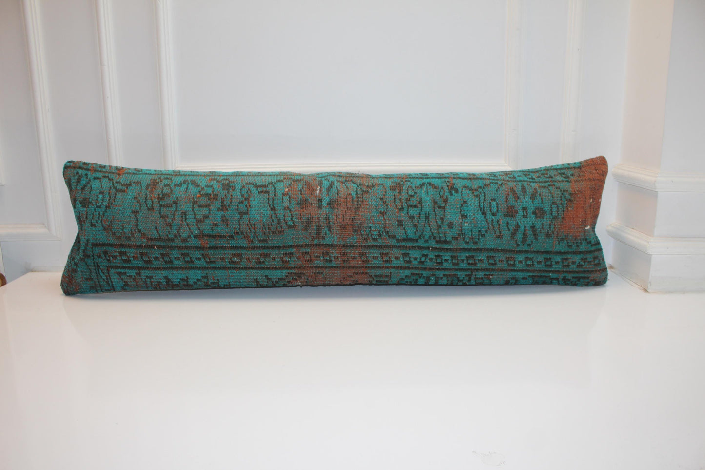 Teal Blue Distressed Lumbar Pillow , Statement Bench Cushion, Long Modern Eclectic Sofa Pillow12X48