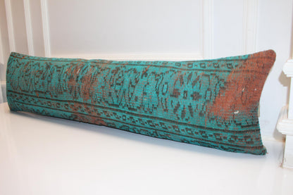 Teal Blue Distressed Lumbar Pillow , Statement Bench Cushion, Long Modern Eclectic Sofa Pillow12X48