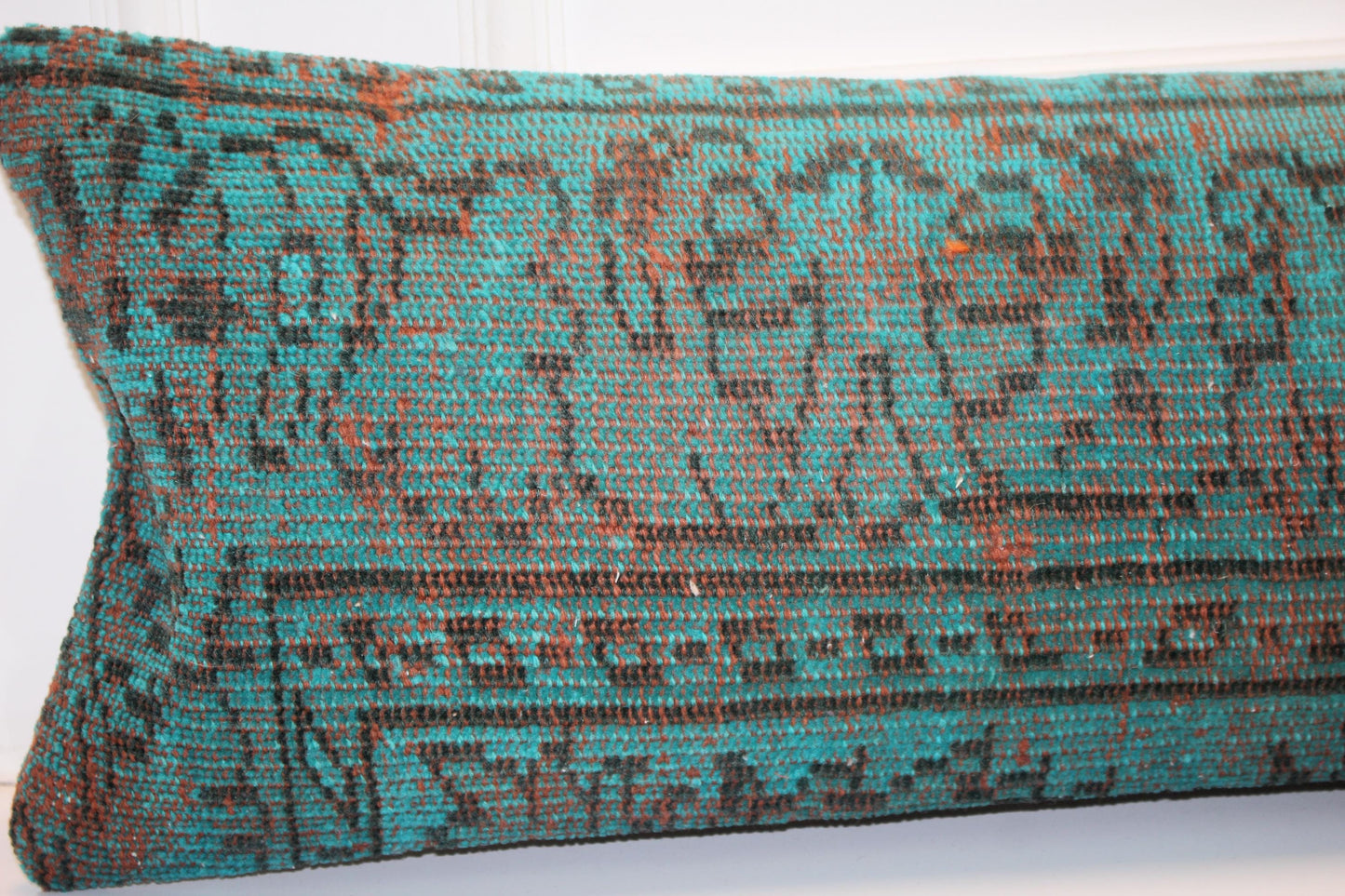 Teal Blue Distressed Lumbar Pillow , Statement Bench Cushion, Long Modern Eclectic Sofa Pillow12X48