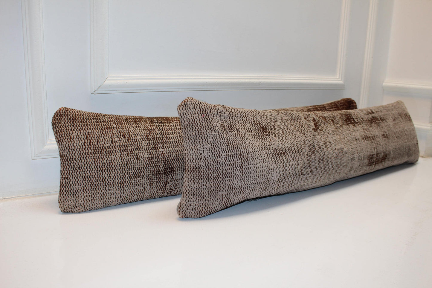 Set of 2 Vintage Turkish Kilim Lumbar Pillow Covers | Taupe Woven Cushions