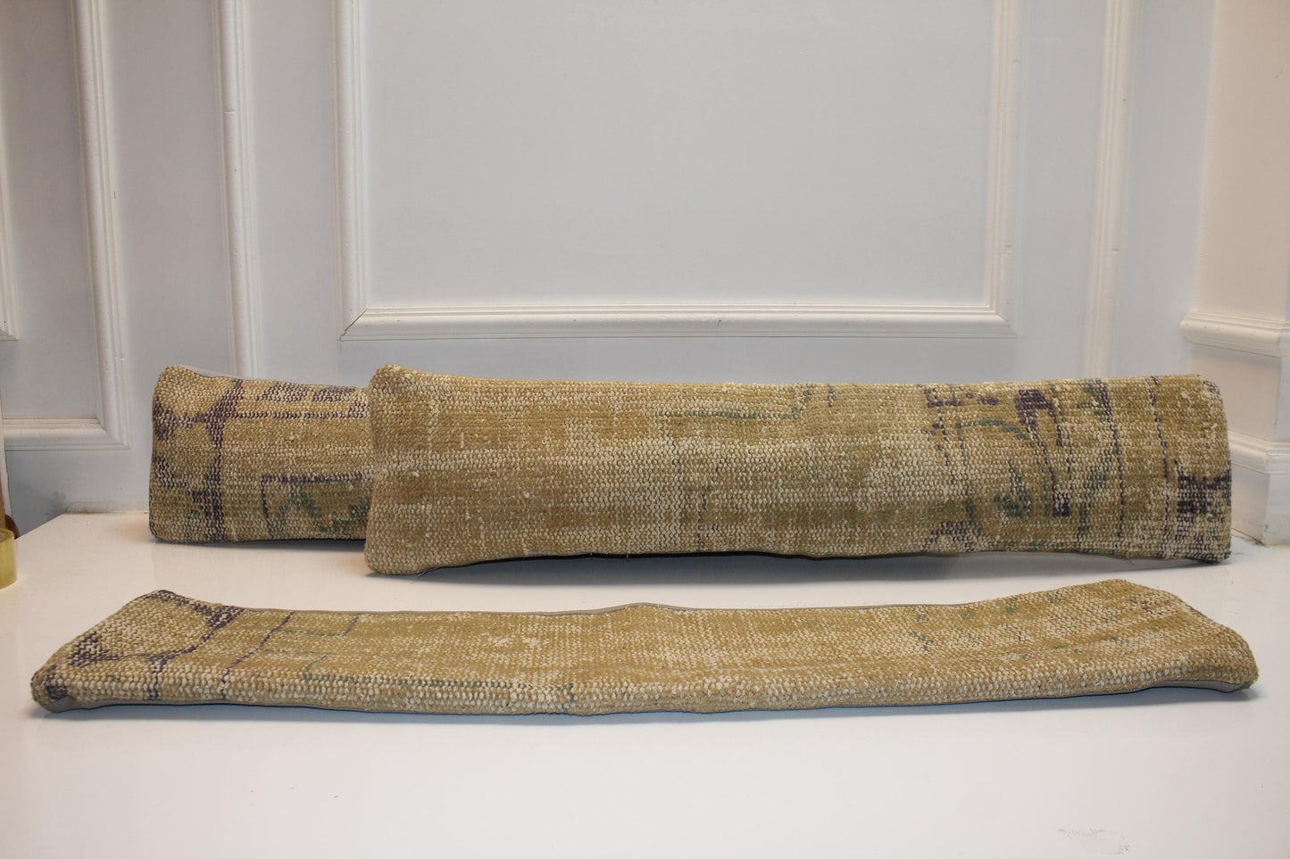 Set of 3 Handmade Turkish Kilim Lumbar Pillow Covers | Beige Gold Neutral Decor