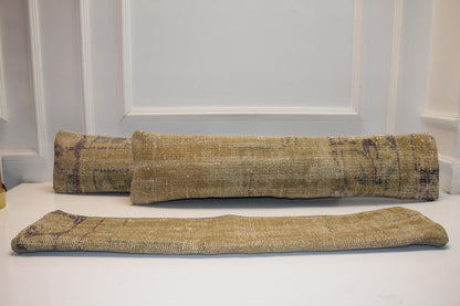 Set of 3 Handmade Turkish Kilim Lumbar Pillow Covers | Beige Gold Neutral Decor