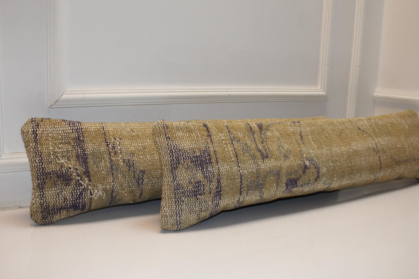 Set of 2 Vintage Turkish Kilim Lumbar Pillow Covers | Beige & Mustard