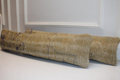 Set of 2 Vintage Turkish Kilim Lumbar Pillow Covers | Beige & Mustard