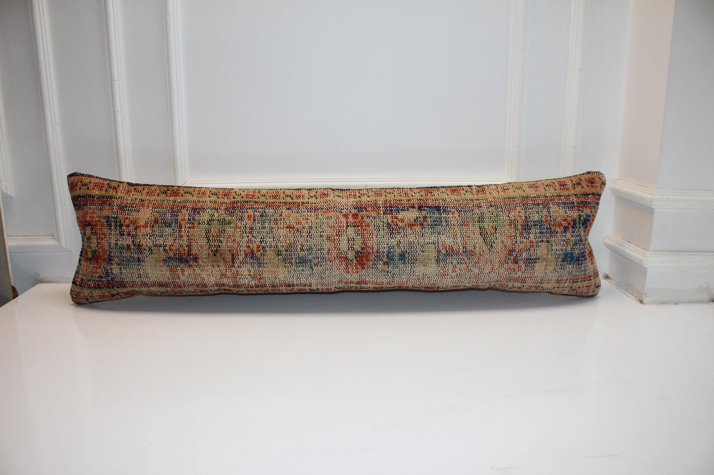 Vintage Turkish Kilim Lumbar Pillow, Long Boho Bench Pillow, Handwoven Anatolian Rug Cushion Cover12X48