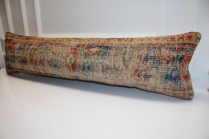 Vintage Turkish Kilim Lumbar Pillow, Long Boho Bench Pillow, Handwoven Anatolian Rug Cushion Cover12X48