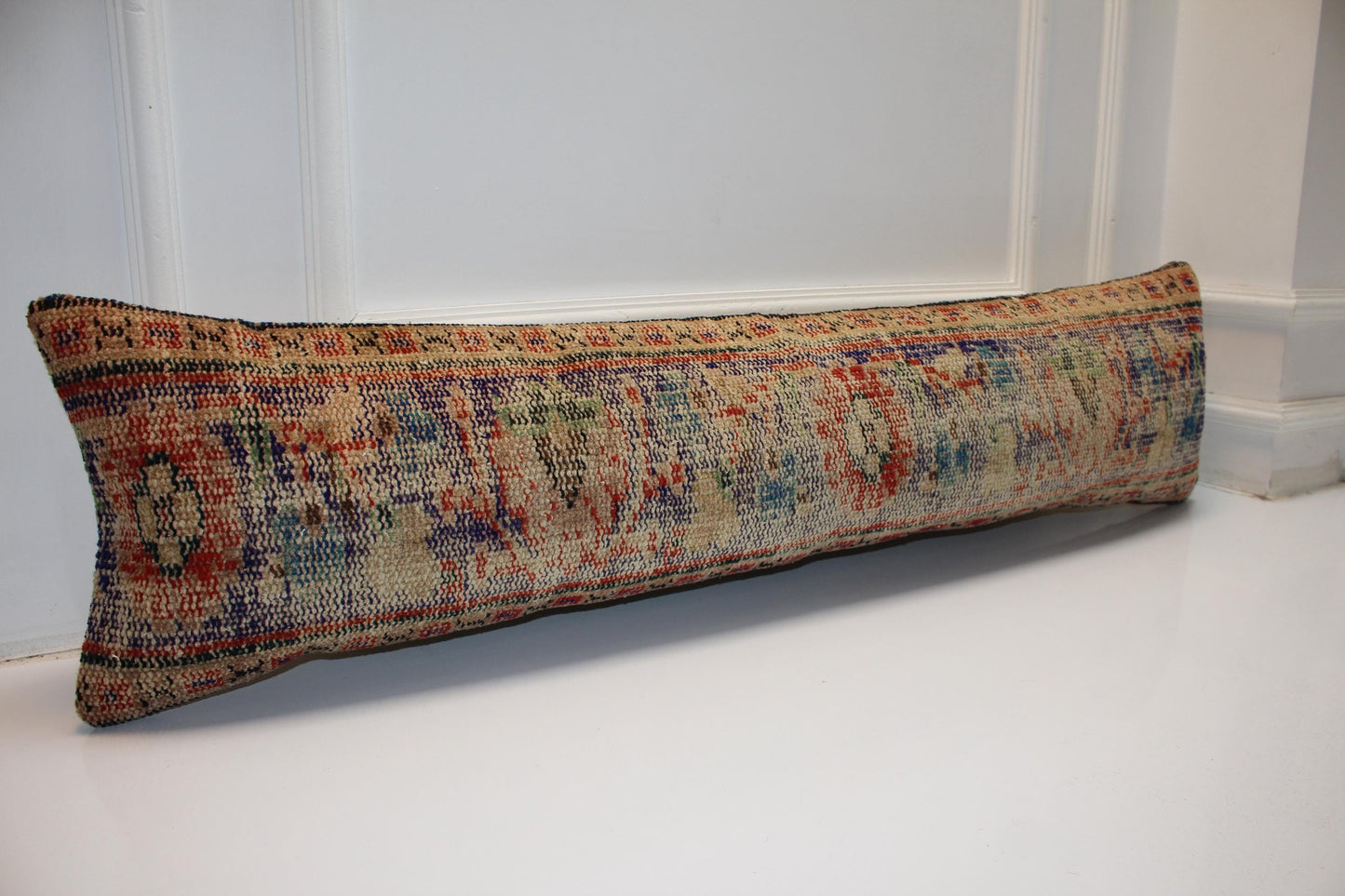 Vintage Turkish Kilim Lumbar Pillow, Long Boho Bench Pillow, Handwoven Anatolian Rug Cushion Cover12X48