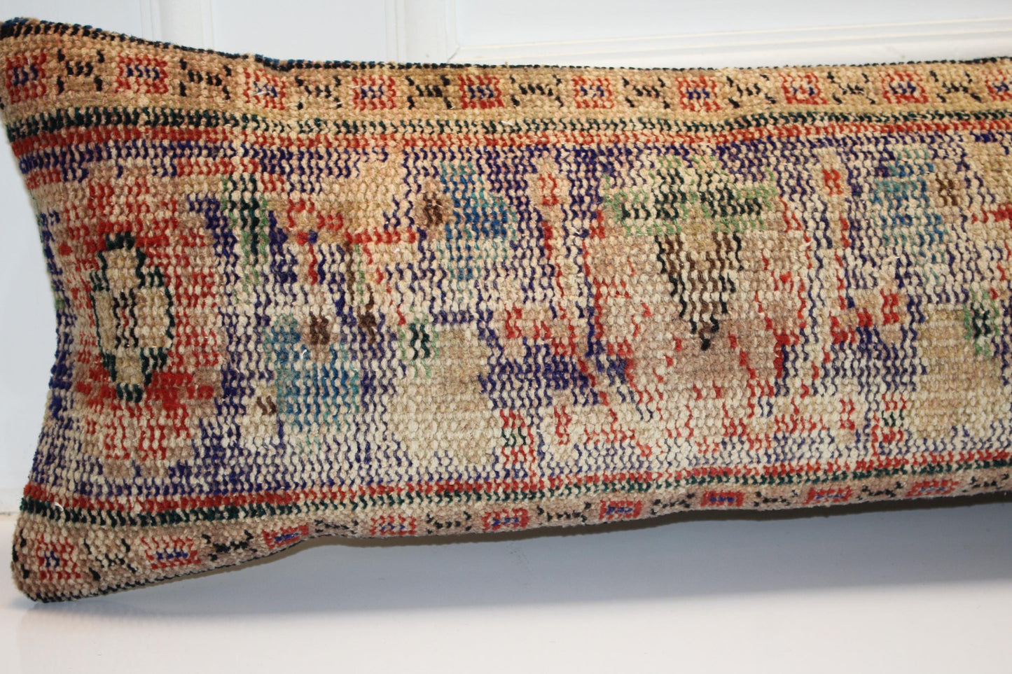 Vintage Turkish Kilim Lumbar Pillow, Long Boho Bench Pillow, Handwoven Anatolian Rug Cushion Cover12X48