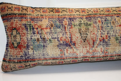 Vintage Turkish Kilim Lumbar Pillow, Long Boho Bench Pillow, Handwoven Anatolian Rug Cushion Cover12X48