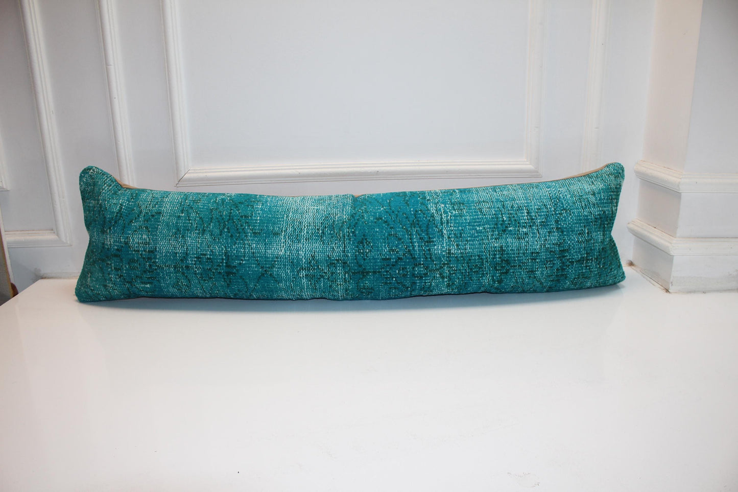 Teal Turkish Kilim Lumbar Pillow, Boho Bench Cushion Cover (12X48 inc.)