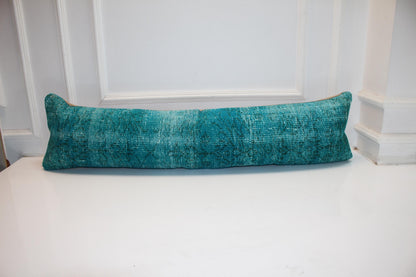 Teal Turkish Kilim Lumbar Pillow, Boho Bench Cushion Cover (12X48 inc.)
