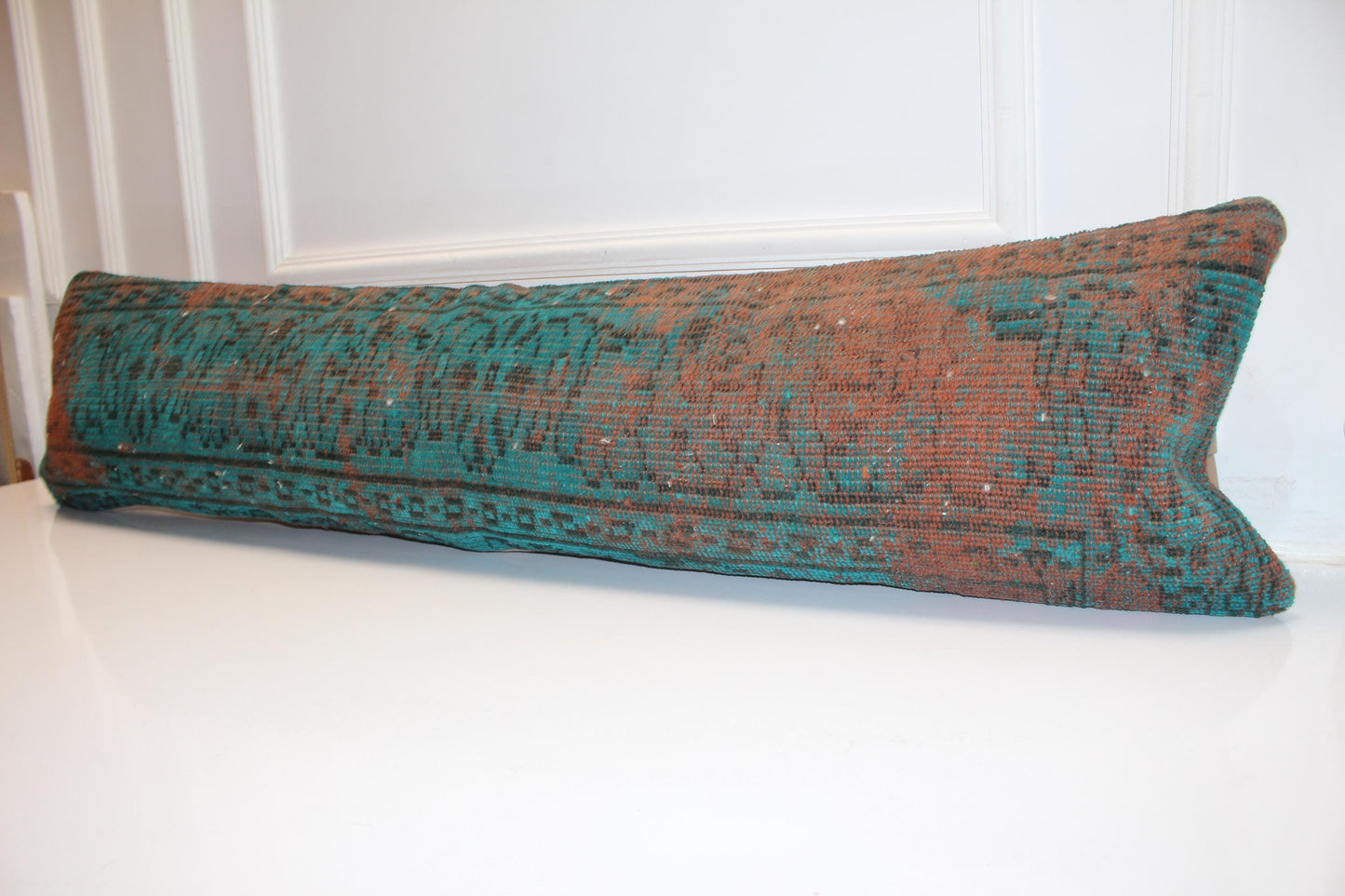 Handmade Petrol Green Kilim Lumbar Pillow Cover, Boho Bench Cushion 12x48