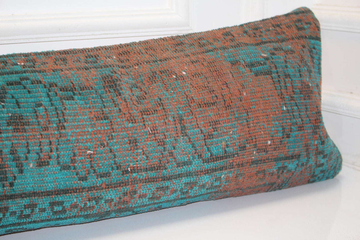 Handmade Petrol Green Kilim Lumbar Pillow Cover, Boho Bench Cushion 12x48