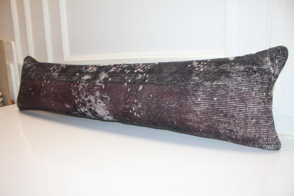 Dark Brown Turkish Kilim Lumbar Pillow Cover, Rustic Bench Cushion 12x48