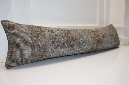 Vintage Turkish Kilim Lumbar Pillow Cover, Stone Gray Wool Rug, 12x48