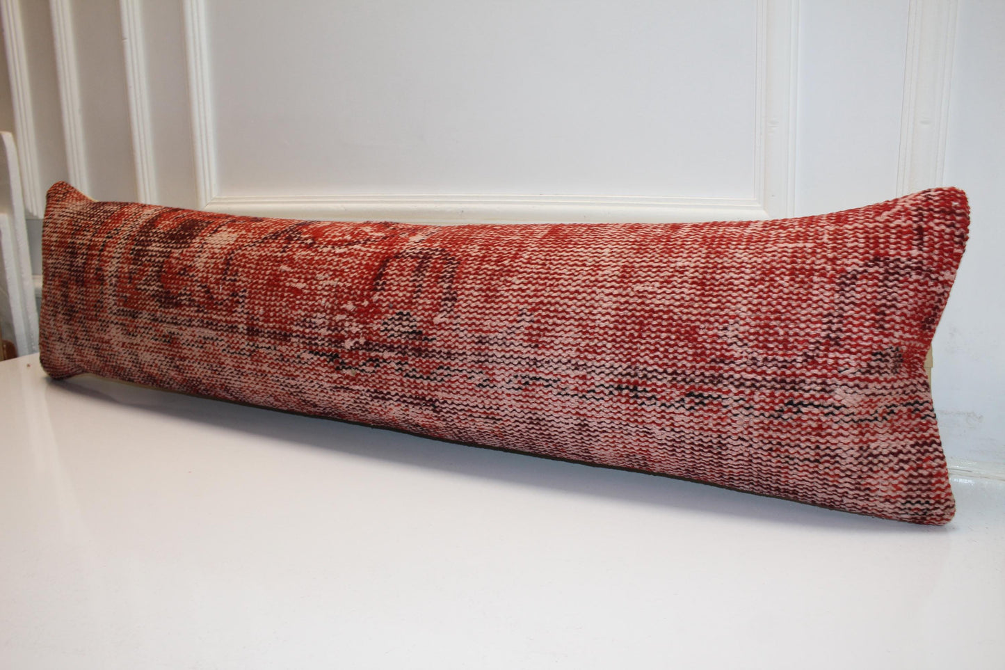 Terracotta Red Kilim Lumbar Pillow Cover, Rustic Turkish Bench Cushion 12x48