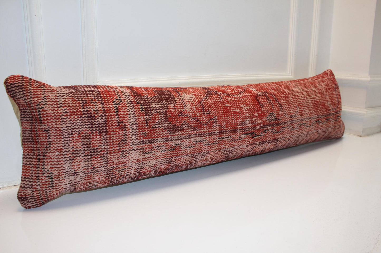 Terracotta Red Kilim Lumbar Pillow Cover, Rustic Turkish Bench Cushion 12x48