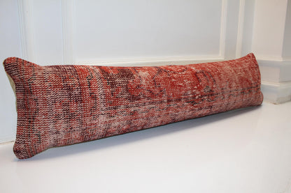 Terracotta Red Kilim Lumbar Pillow Cover, Rustic Turkish Bench Cushion 12x48