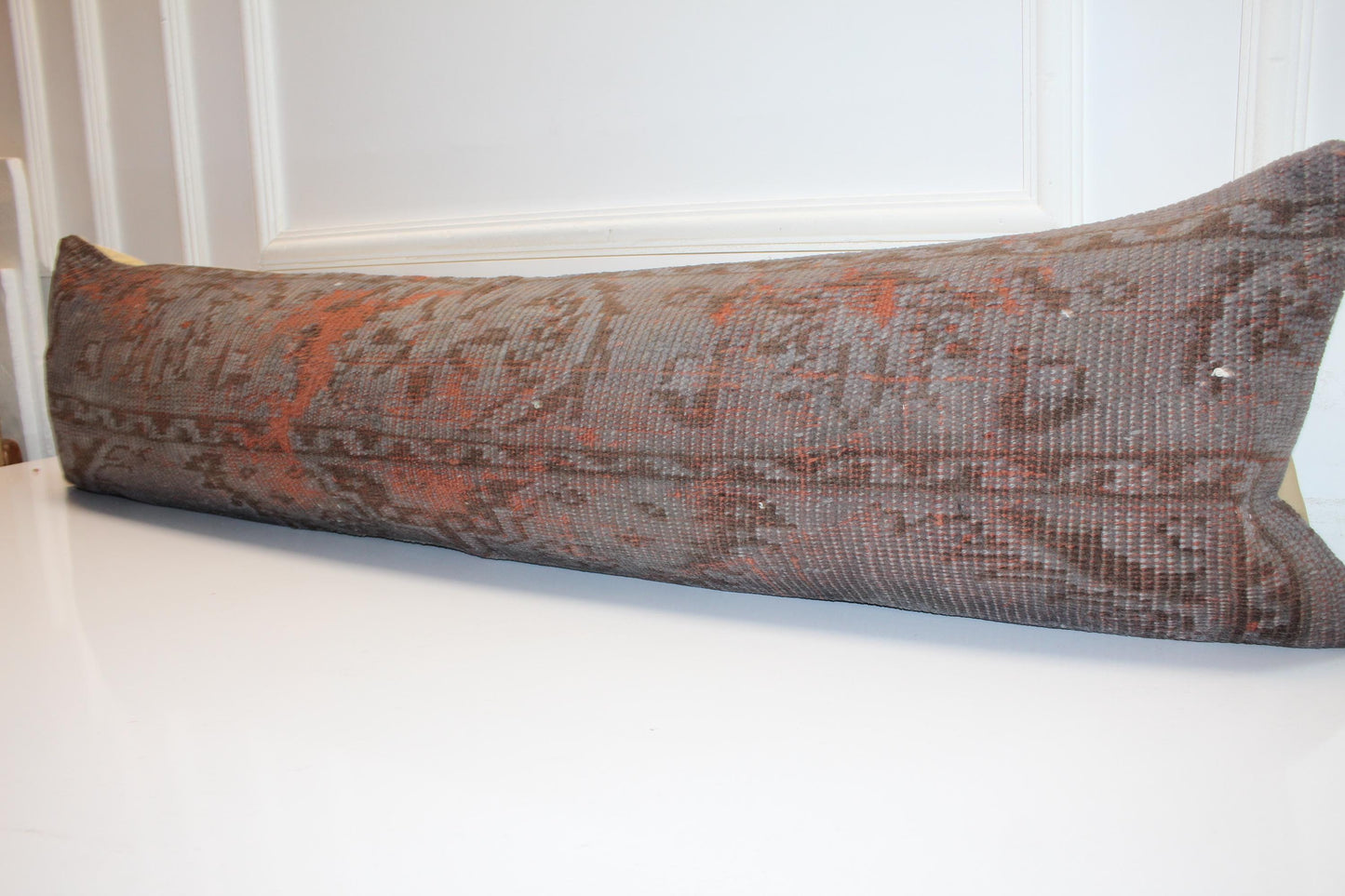 Smoky Brown Turkish Kilim Lumbar Pillow Cover, Vintage Rug, 12x48