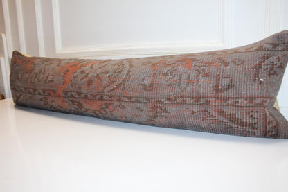 Smoky Brown Turkish Kilim Lumbar Pillow Cover, Vintage Rug, 12x48