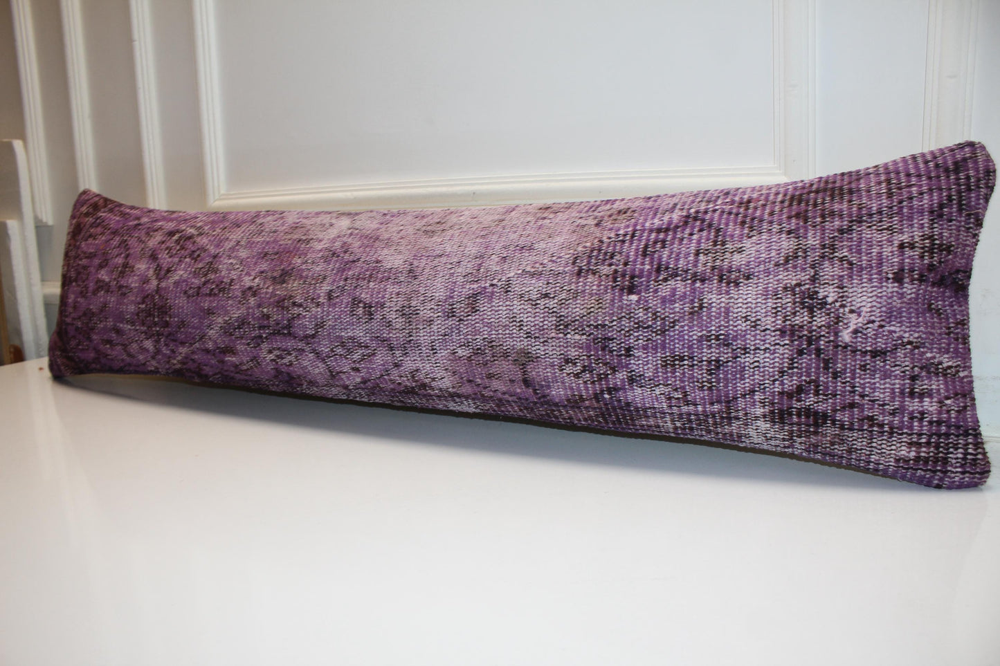 Purple Turkish Kilim Lumbar Pillow, Boho Bench Cushion 12x48