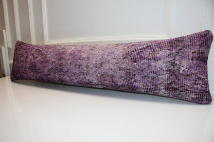 Purple Turkish Kilim Lumbar Pillow, Boho Bench Cushion 12x48