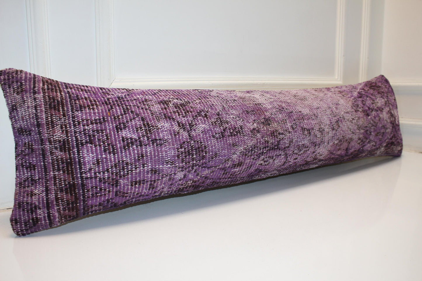 Purple Turkish Kilim Lumbar Pillow, Boho Bench Cushion 12x48
