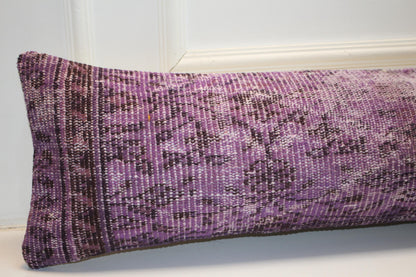 Purple Turkish Kilim Lumbar Pillow, Boho Bench Cushion 12x48