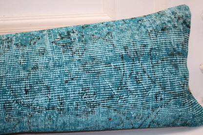 Turquoise Kilim Lumbar Pillow Cover, Vintage Turkish Rug, 12x48