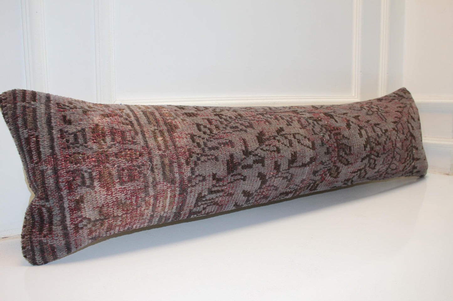 Gray Turkish Kilim Lumbar Pillow Cover, Long Bench Cushion 12x48