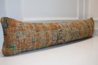 Handmade Turkish Kilim Lumbar Pillow Cover, Mustard Yellow, 12x48
