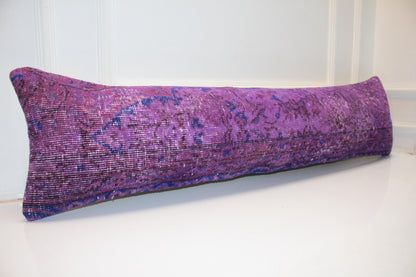 Vintage Turkish Kilim Lumbar Pillow Cover, Violet Purple Rug Cushion 12x48