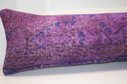 Vintage Turkish Kilim Lumbar Pillow Cover, Violet Purple Rug Cushion 12x48