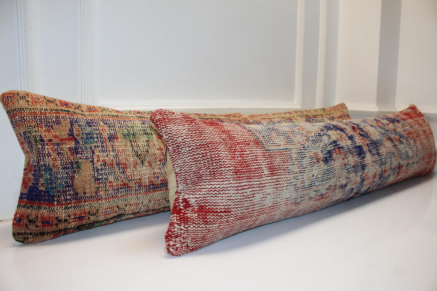 Set of 2 Vintage Turkish Kilim Lumbar Pillow Covers – Boho Rug Cushions, 12x48 Inch