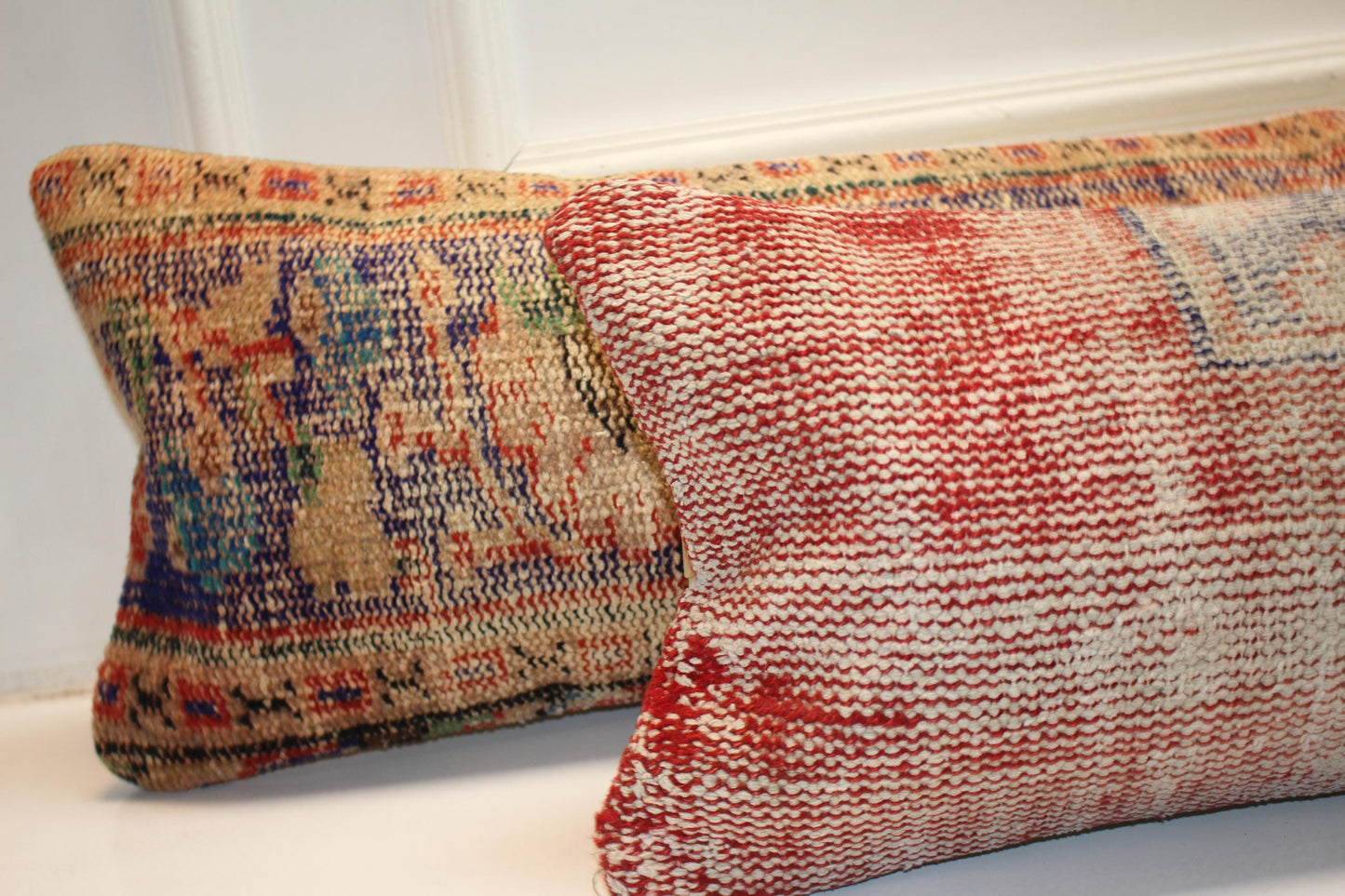 Set of 2 Vintage Turkish Kilim Lumbar Pillow Covers – Boho Rug Cushions, 12x48 Inch