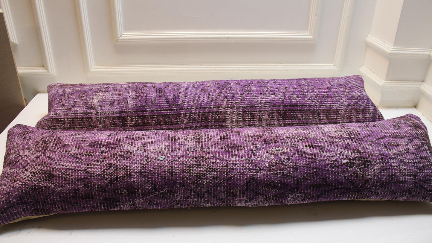 Set of 2 Purple Turkish Kilim Pillow Covers, Boho Lumbar Cushion 12x48