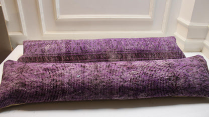 Set of 2 Purple Turkish Kilim Pillow Covers, Boho Lumbar Cushion 12x48