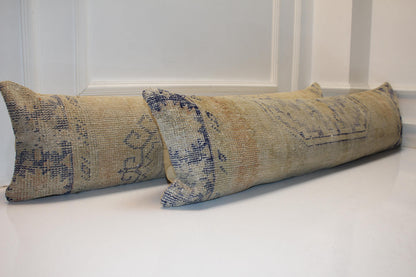 Set of 2 Vintage Turkish Kilim Lumbar Pillows, Beige Neutral Rug Cushions, 12x48 Inch