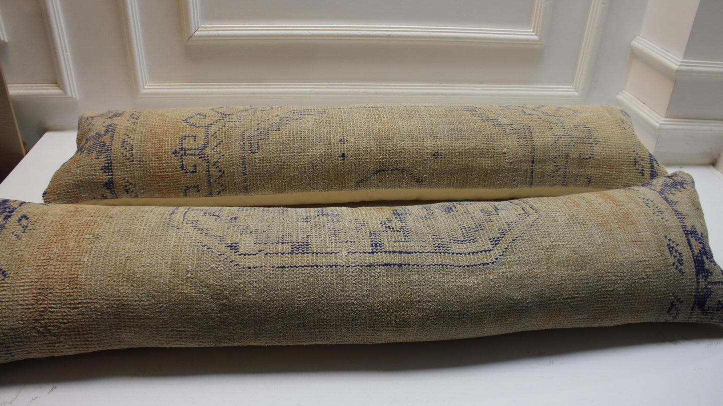 Set of 2 Vintage Turkish Kilim Lumbar Pillows, Beige Neutral Rug Cushions, 12x48 Inch