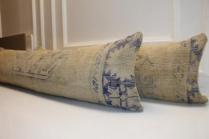Set of 2 Vintage Turkish Kilim Lumbar Pillows, Beige Neutral Rug Cushions, 12x48 Inch