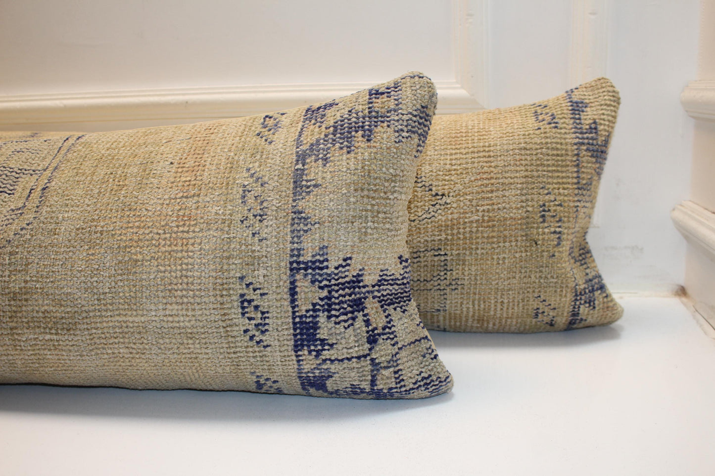 Set of 2 Vintage Turkish Kilim Lumbar Pillows, Beige Neutral Rug Cushions, 12x48 Inch