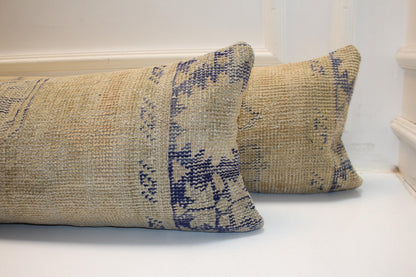 Set of 2 Vintage Turkish Kilim Lumbar Pillows, Beige Neutral Rug Cushions, 12x48 Inch