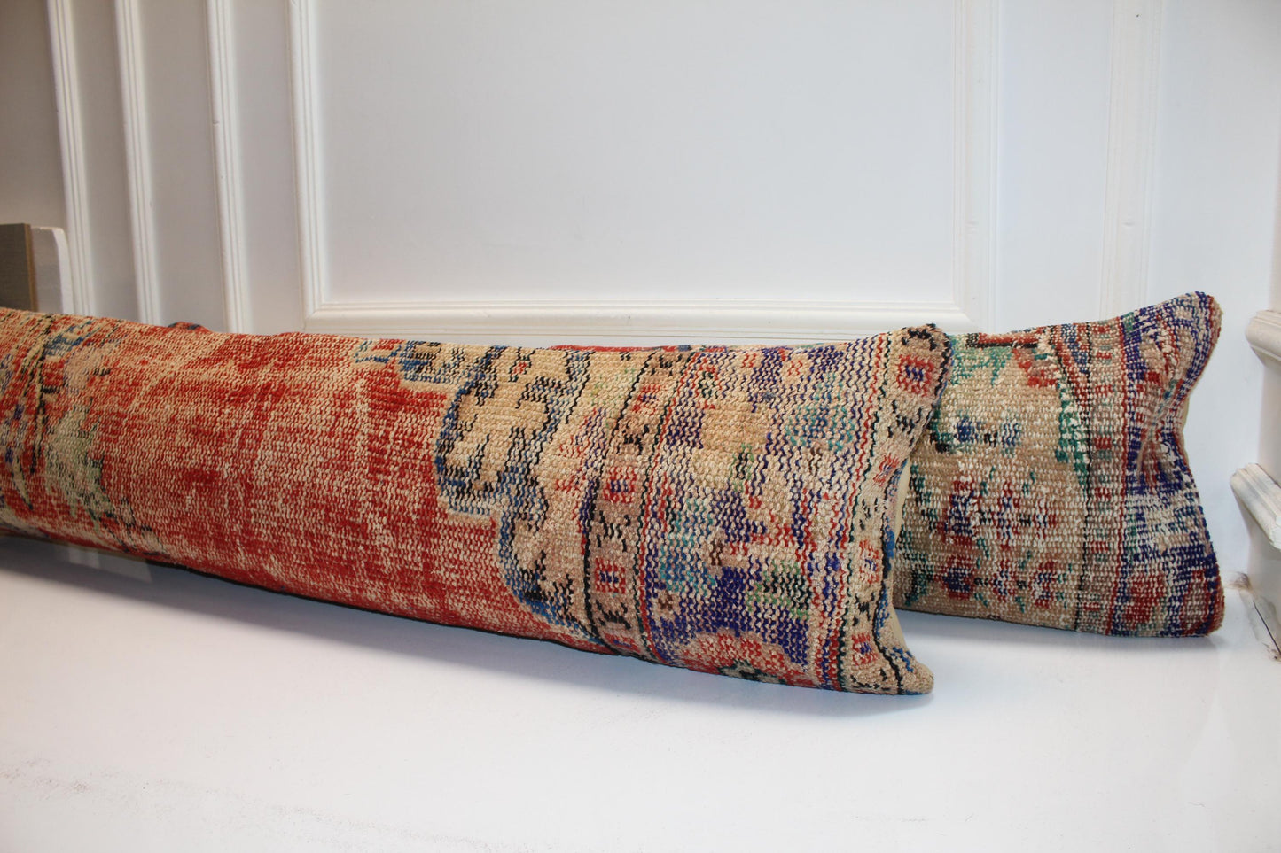 Set of 2 Long Kilim Pillow Covers, Red Anatolian Bench Cushions, 12x48 Inch
