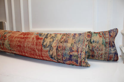 Set of 2 Long Kilim Pillow Covers, Red Anatolian Bench Cushions, 12x48 Inch