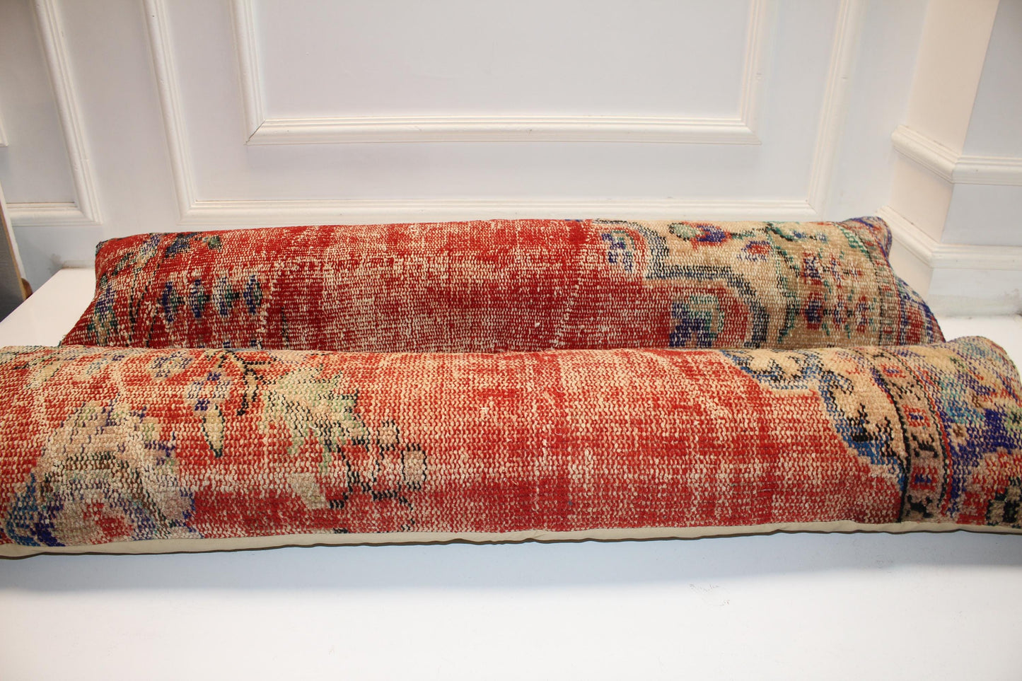 Set of 2 Long Kilim Pillow Covers, Red Anatolian Bench Cushions, 12x48 Inch