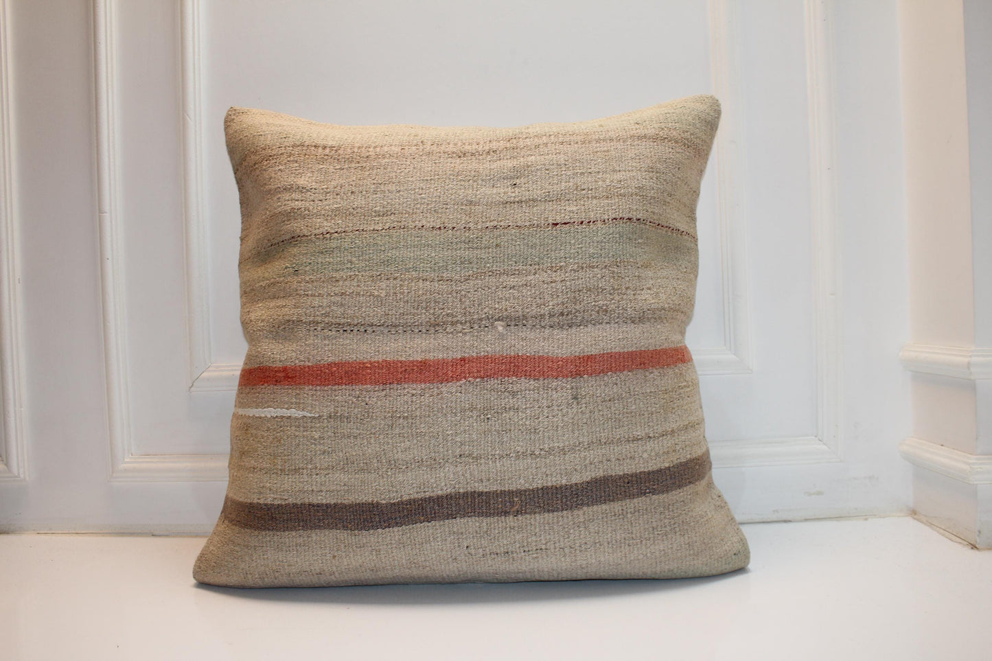 Vintage Turkish Kilim Pillow Cover | Neutral Striped Boho Cushion (27x27 inch)
